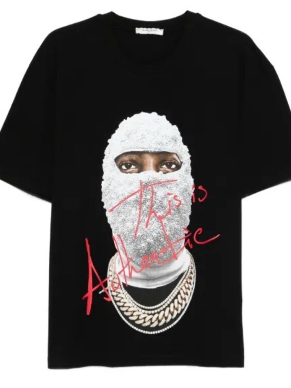 Ih Nom Uh Nit Graphic Tee with White Mask Print and Red Script